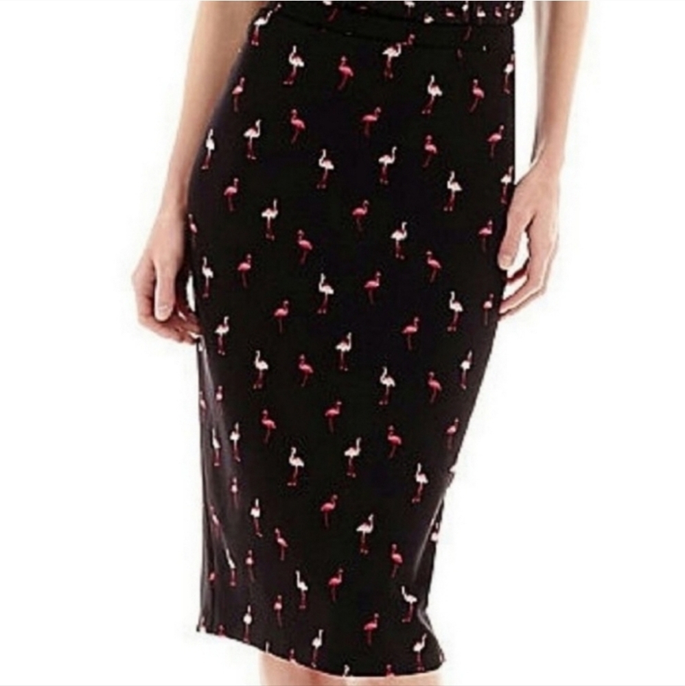 I Heart Ronson Pink Flamingo Pencil Midi Skirt. Back Slit, Back Zip. Has Stretch